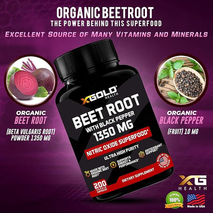 Organic Beet Root Powder 1350mg 200 Veggie caps Superfood Nitric Oxide Strongest Premium Supplement Natural Nitrates | Black Pepper for Best Benefits | Vegan, Non-GMO, & Gluten-Free | Made in USA