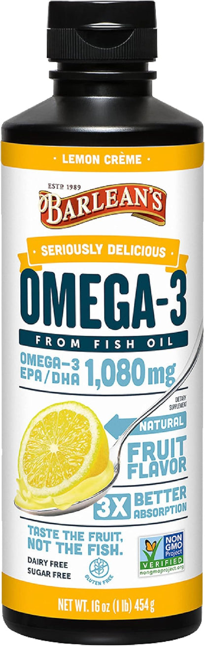 Barlean's Lemon Crème Omega 3 Fish Oil Liquid Supplement, 1080mg of Omega 3 EPA & DHA Fatty Acid, Smoothie Flavored & Burpless for Brain, Joint, & Heart Health, 16 oz