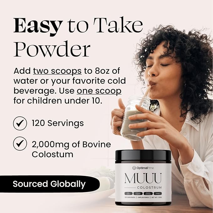 Optimal Prime - MUUU Bovine Colostrum Supplement and Superfood Powder for Gut Health, Bloating, Immune Support, Hair, Skin, and Nails Unflavored, 120 Servings