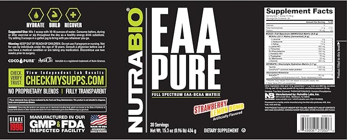 NutraBio – EAA Pure – 9 Amino Acids – Muscle Repair and Recovery, 30 Servings, Strawberry Lemon Bomb – Pre or Post Workout – All Day Recovery
