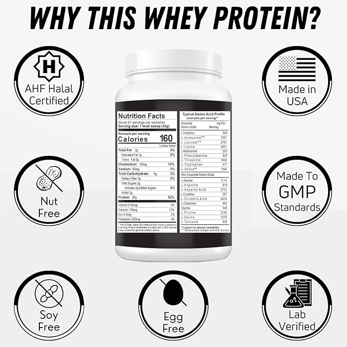 Delicious Creamy Vanilla Halal Whey Protein Powder 2Lbs | 26g Protein, 5500mg BCAAs, and 460mg Glutamine | for Recovery & Lean Muscles | Gluten-Free | Non-GMO | Keto-Friendly