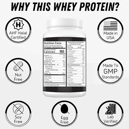 Delicious Creamy Vanilla Halal Whey Protein Powder 2Lbs | 26g Protein, 5500mg BCAAs, and 460mg Glutamine | for Recovery & Lean Muscles | Gluten-Free | Non-GMO | Keto-Friendly