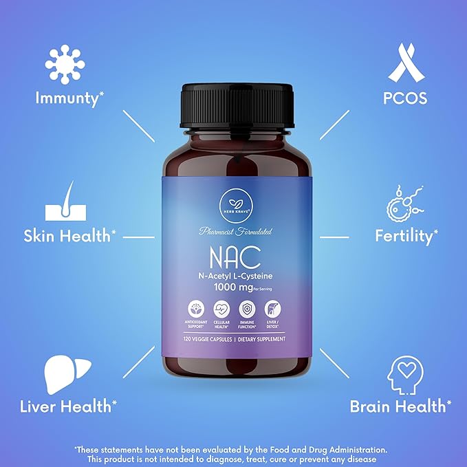 NAC Supplement N-Acetyl Cysteine 1000 mg, Amino Acid, Natural Antioxidant, Support for Liver, Lung, Immune System, Fertility | 120 N-Acetyl-L-Cysteine Capsule