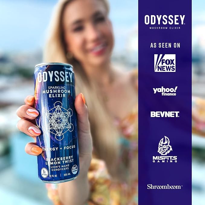 Odyssey Elixir Functional Beverage - Adaptogen Drink with Lions Mane, Cordyceps, L Theanine & Green Tea Caffeine - for Cognition, Energy & Mood Boost - 0 Added Sugar - Blackberry Lemonade - 12 Pack