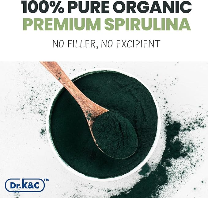 Dr.K&C Organic Spirulina Superfood Supplement – Pure Natural Blue Green Microalgae 600 mg 120 Veggie Capsules Health Immune System Antioxidants Protein Fiber No Filler Non GMO Vegan