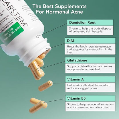 CLEARSTEM - MINDBODYSKIN Hormonal Acne Supplement (No 5-HTP) - Natural DIM Supplement - Skin Care Vitamins - Hormone Balance, Antioxidants - Vegan, Gluten Free, Cruelty Free - 30 Servings, 90 Capsules