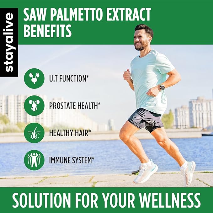 STAY ALIVE Saw Palmetto Extract Capsules, Equivalent to 17000MG, Blend with Cranberry & Pumpkin Seed, 120 Vegan Pills for U.T, Prostate & Wellness Support