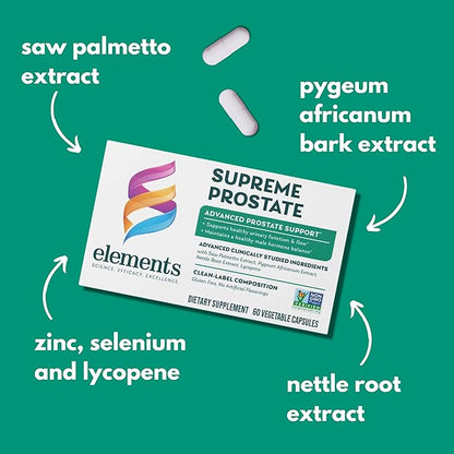 Elements Supreme Prostate, 60 Capsules (30 Day Supply), Advanced Prostate Support Supplement, Supports Healthy Urinary Flow and Function, Gluten Free