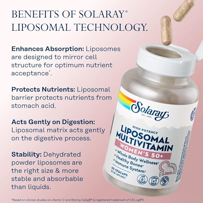 SOLARAY Liposomal Multivitamin for Women 50 Plus, Enhanced Absorption with Iron, Vitamin D, Vitamin C, B12, Biotin & More, Immune Support & Bone Health, Vegan, 30 Servings, 60 VegCaps