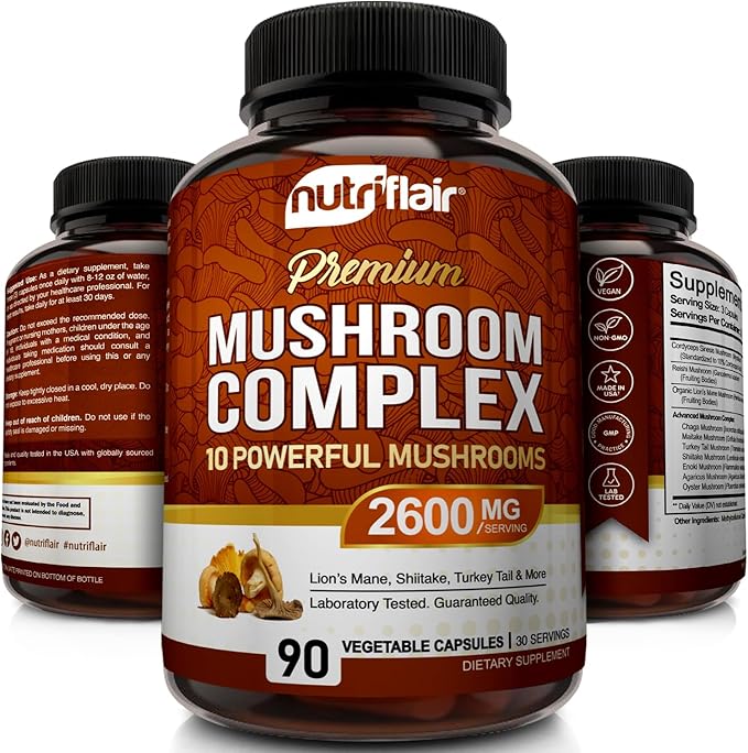 NutriFlair Mushroom Supplement 2600mg, 90 Capsules - 10 Mushrooms Blend - Reishi, Lions Mane, Cordyceps, Chaga, Turkey Tail, Maitake, Shiitake, Oyster Nootropic Complex - Brain, Energy, Focus Pills
