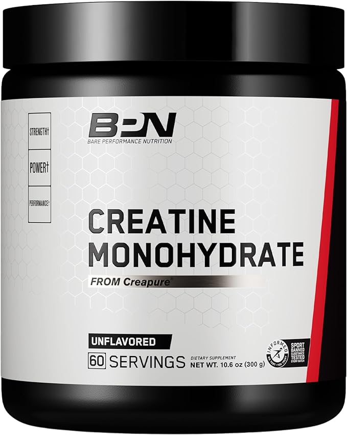 BARE PERFORMANCE NUTRITION, BPN Pure Creatine Monohydrate Powder by Creapure, 5g of Creatine per Serving, Supports Muscle Growth, Unflavored Creatine Powder, 60 Servings