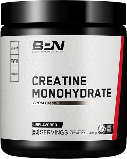 BARE PERFORMANCE NUTRITION, BPN Pure Creatine Monohydrate Powder by Creapure, 5g of Creatine per Serving, Supports Muscle Growth, Unflavored Creatine Powder, 60 Servings