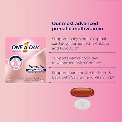 One A Day Womens Prenatal Advanced Complete Multivitamin with Brain Support* with Choline, Folic Acid, Omega-3 DHA & Iron for Pre, During and Post Pregnancy, 30+30 Count (60 Total Set)