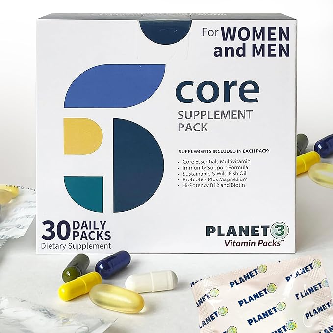 Planet 3 Vitamin Packs, Daily Vitamins for Immune, Energy, Heart & Vision Support | Multivitamins, Vitamin D, Probiotics, Omega 3, Methyl B12 | Core Supplements for Women and Men | 30 Daily Packs