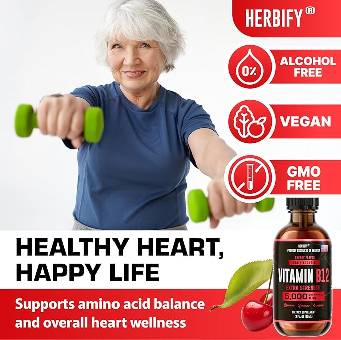 HERBIFY Vitamin B12 Organic Methylated Multivitamin Energy Supplements for Women & Men - Liquid B12 Vitamins 5000 Mcg Methylfolate - Energy Support and Natural Immune Health Liquid Vitamin 2 Oz