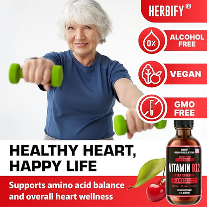 HERBIFY Vitamin B12 Organic Methylated Multivitamin Energy Supplements for Women & Men - Liquid B12 Vitamins 5000 Mcg Methylfolate - Energy Support and Natural Immune Health Liquid Vitamin 2 Oz