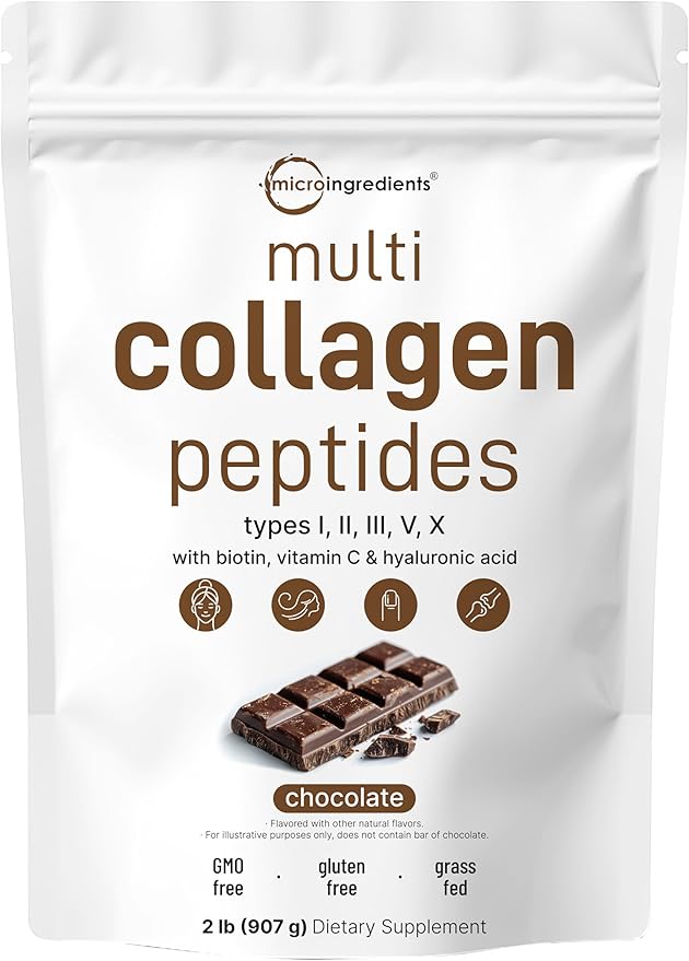 Multi Collagen Protein Powder, 2 Pounds – Type I,II,III,V,X with Biotin, Hyaluronic Acid, Vitamin C – Chocolate Flavored Collagen Peptides – Keto & Paleo Friendly, Easy Dissolve, Non-GMO