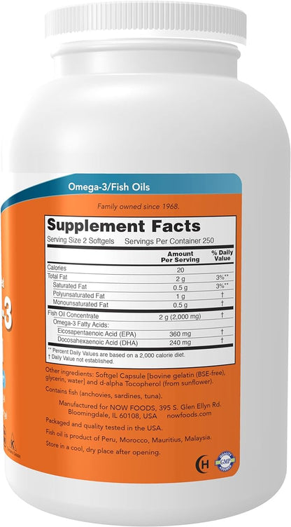 NOW Foods Supplements, Omega-3 180 EPA / 120 DHA, Molecularly Distilled, Cardiovascular Support*, 500 Softgels
