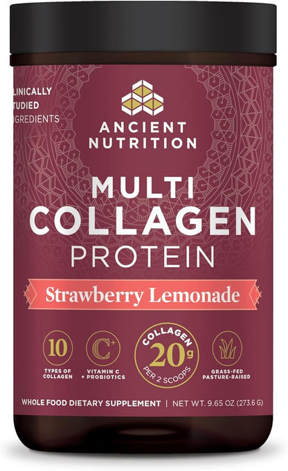 Ancient Nutrition Collagen Powder Protein, Multi Collagen Protein Powder, Strawberry Lemonade, 24 Servings, w/Vitamin C, Hydrolyzed Collagen Peptides for Skin, Nails, Gut Health and Joints, 9.65oz