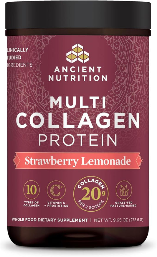 Ancient Nutrition Collagen Powder Protein, Multi Collagen Protein Powder, Strawberry Lemonade, 24 Servings, w/Vitamin C, Hydrolyzed Collagen Peptides for Skin, Nails, Gut Health and Joints, 9.65oz