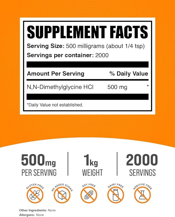 BulkSupplements.com DMG HCl Powder - N,N-Dimethylglycine HCl, DMG Supplements, DMG 500mg, DMG Dimethylglycine Powder - Gluten Free, 500mg per Serving, 1kg (2.2 lbs) (Pack of 1)