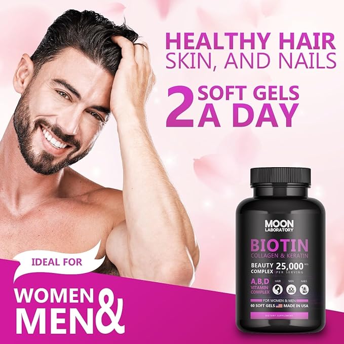 Premium Biotin 5,000 mcg with Collagen, Keratin, Hyaluronic Acid, Vitamin A, D3, B-Complex & Coconut Oil. Beauty Complex for Hair Growth, Nails, Skin. for Men & Women. 60 Softgels