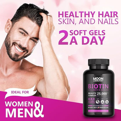 Premium Biotin 5,000 mcg with Collagen, Keratin, Hyaluronic Acid, Vitamin A, D3, B-Complex & Coconut Oil. Beauty Complex for Hair Growth, Nails, Skin. for Men & Women. 60 Softgels