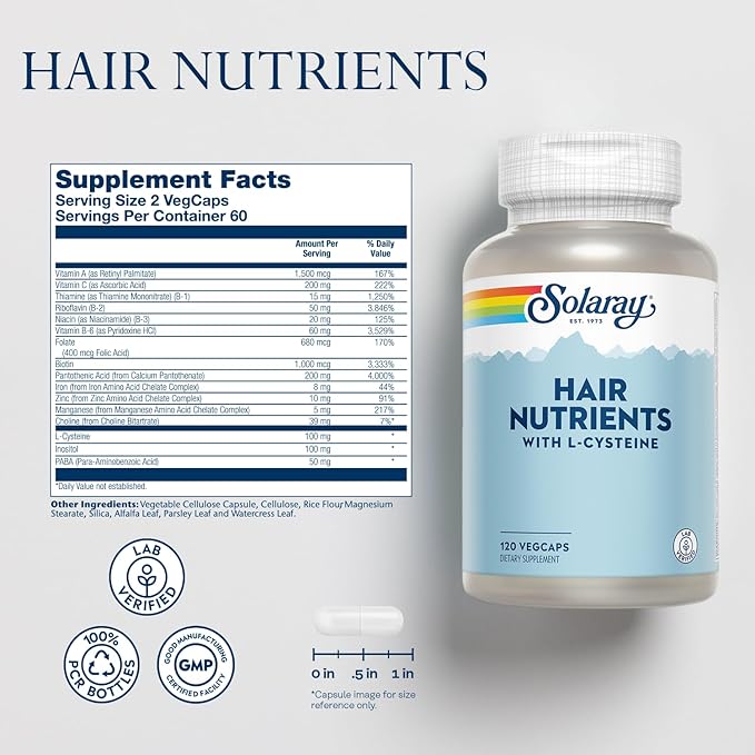 Solaray Hair Nutrients with L-Cysteine - Hair Vitamins with Biotin for Hair Growth Support - Hair Skin and Nails Vitamins for Women and Men - Lab Verified, 60-Day Guarantee - 60 Servings, 120 VegCaps