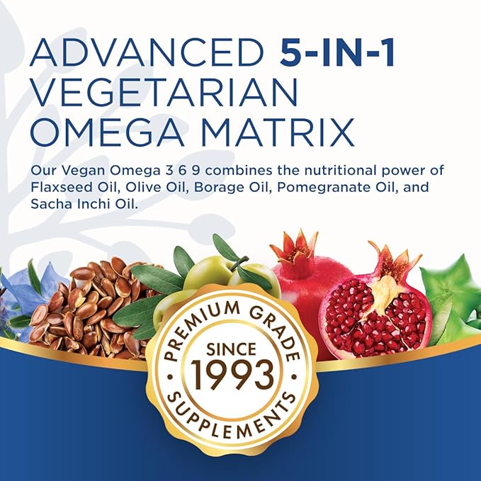 Purity Products Omega 3-6-9 Vegan and Vegetarian Omega Formula - “5 in 1” Essential Fatty Acid Complex - Scientifically Formulated Plant-Based Omega 3 6 9 Essential Fatty Acids (EFA) - from (60)