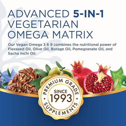 Purity Products Omega 3-6-9 Vegan and Vegetarian Omega Formula - “5 in 1” Essential Fatty Acid Complex - Scientifically Formulated Plant-Based Omega 3 6 9 Essential Fatty Acids (EFA) - from (60)