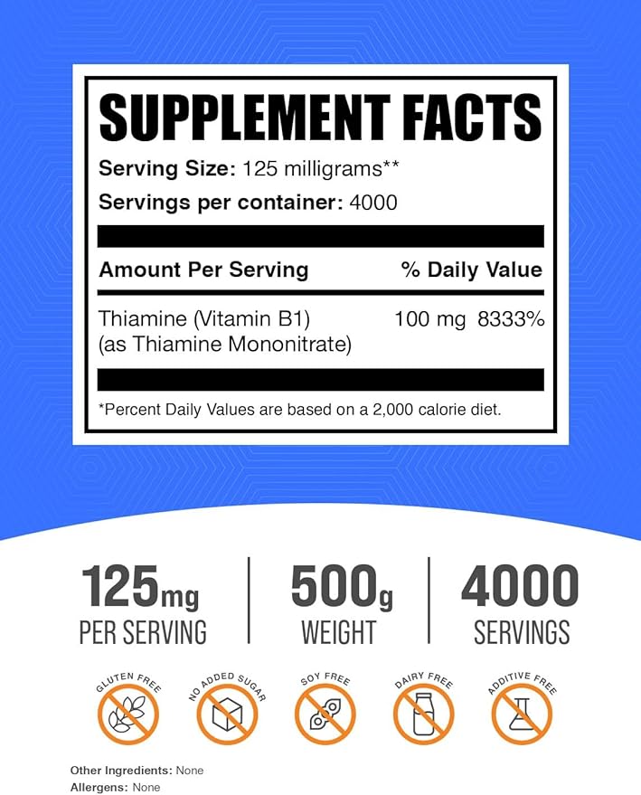 BulkSupplements.com Thiamine Mononitrate Powder - Vitamin B1 Powder, Thiamine B1 Supplement - B1 Vitamins, Gluten Free, 125mg per Serving, 500g (1.1 lbs) (Pack of 1)