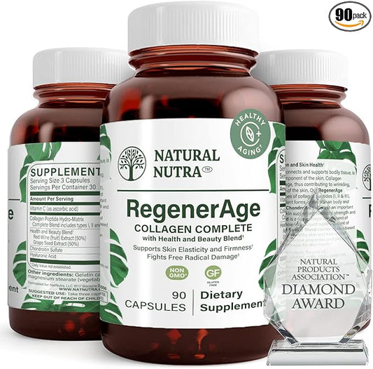 Natural Nutra RegenerAge Complete Supplement for Skin Health with Protein Peptides, Reduce Stretch Marks, Contributes Overall Health, Vitamin C, Grape Seed Red Wine Extract, Gluten Free, 90 Capsules.