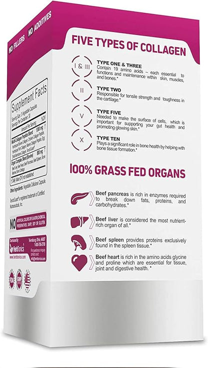 Multi Collagen Complex (Types 1 2 3 5 and 10) | Grass Fed Bone Broth Collagen Protein Peptides | Healthy Hair Skin Nails & Joint Support (with Organ Complex) | 90 Collagen Pills
