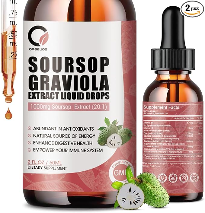 Soursop Graviola Liquid Drops - 1000 mg Soursop Extract Plus 300 mg Sea Moss, Soursop Bitters Liquid for Cell Regeneration, Immune Boost, Relax, Antioxidant, Energy - 2 Fl Oz