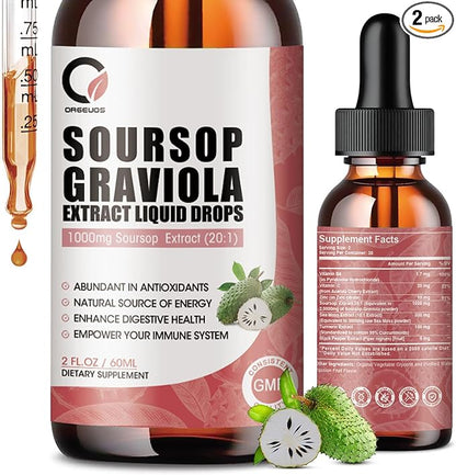 Soursop Graviola Liquid Drops - 1000 mg Soursop Extract Plus 300 mg Sea Moss, Soursop Bitters Liquid for Cell Regeneration, Immune Boost, Relax, Antioxidant, Energy - 2 Fl Oz