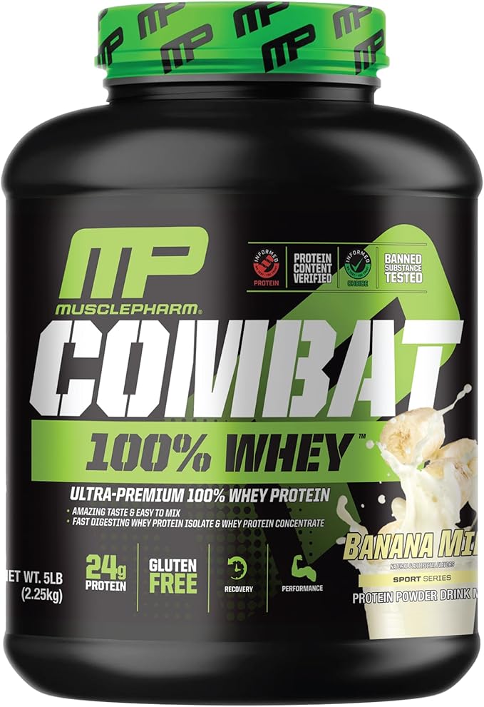 MusclePharm Combat 100% Whey Protein Powder, Banana Milk Flavor, Fast Recovery & Muscle Gain with Whey Protein Isolate, High Protein Powder for Women & Men, Gluten Free, 5 lb, 70 Servings