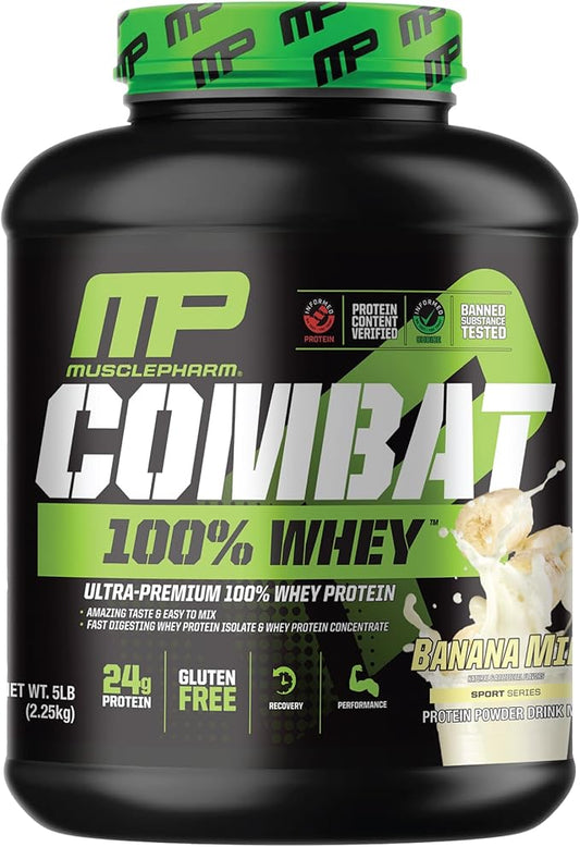 MusclePharm Combat 100% Whey Protein Powder, Banana Milk Flavor, Fast Recovery & Muscle Gain with Whey Protein Isolate, High Protein Powder for Women & Men, Gluten Free, 5 lb, 70 Servings