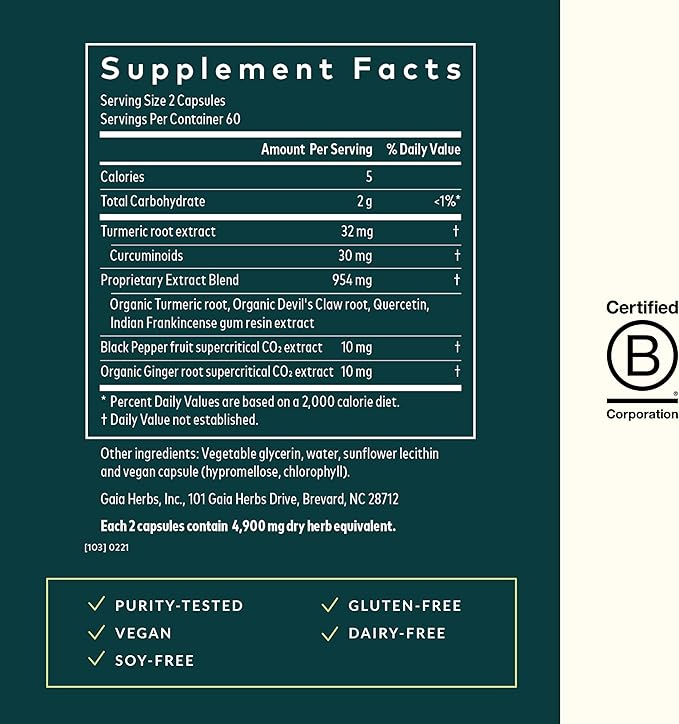 Gaia Herbs Turmeric Supreme Joint Health - Joint Support Supplement - with Quercetin,Black Pepper,Boswellia,Ginger Root,Curcuminoids,&More-120 Liquid Phyto-Capsules(30-Day Supply)