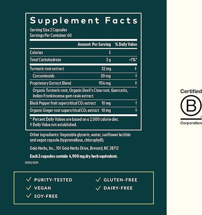 Gaia Herbs Turmeric Supreme Joint Health - Joint Support Supplement - with Quercetin,Black Pepper,Boswellia,Ginger Root,Curcuminoids,&More-120 Liquid Phyto-Capsules(30-Day Supply)