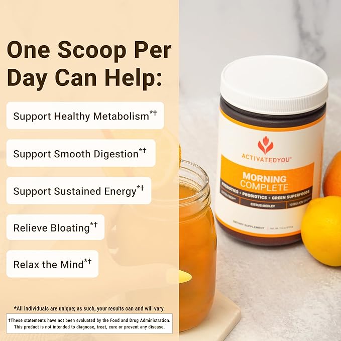 ACTIVATEDYOU Morning Complete Daily Wellness Greens Superfood Drink Mix for Gut Health w/Prebiotics, Probiotics, Antioxidants, Green Superfoods, 10 Billion CFUs, 30 Servings (Citrus)