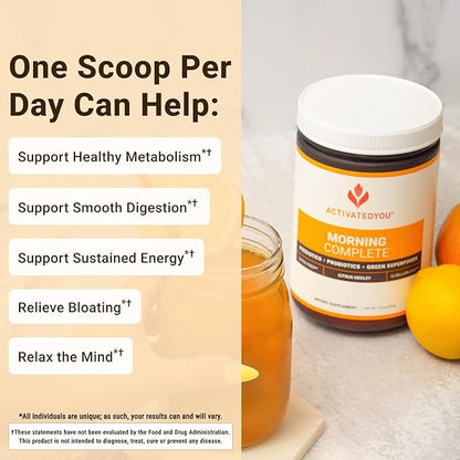 ACTIVATEDYOU Morning Complete Daily Wellness Greens Superfood Drink Mix for Gut Health w/Prebiotics, Probiotics, Antioxidants, Green Superfoods, 10 Billion CFUs, 30 Servings (Citrus)