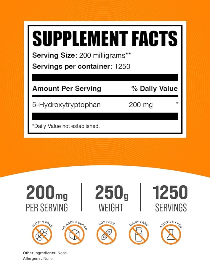 BulkSupplements.com 5-HTP Powder - 5-Hydroxytryptophan, 5 HTP Supplement - 5-HTP 200mg, Mood Support Supplement - Gluten Free, 200mg per Serving, 250g (8.8 oz) (Pack of 1)