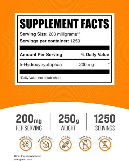BulkSupplements.com 5-HTP Powder - 5-Hydroxytryptophan, 5 HTP Supplement - 5-HTP 200mg, Mood Support Supplement - Gluten Free, 200mg per Serving, 250g (8.8 oz) (Pack of 1)