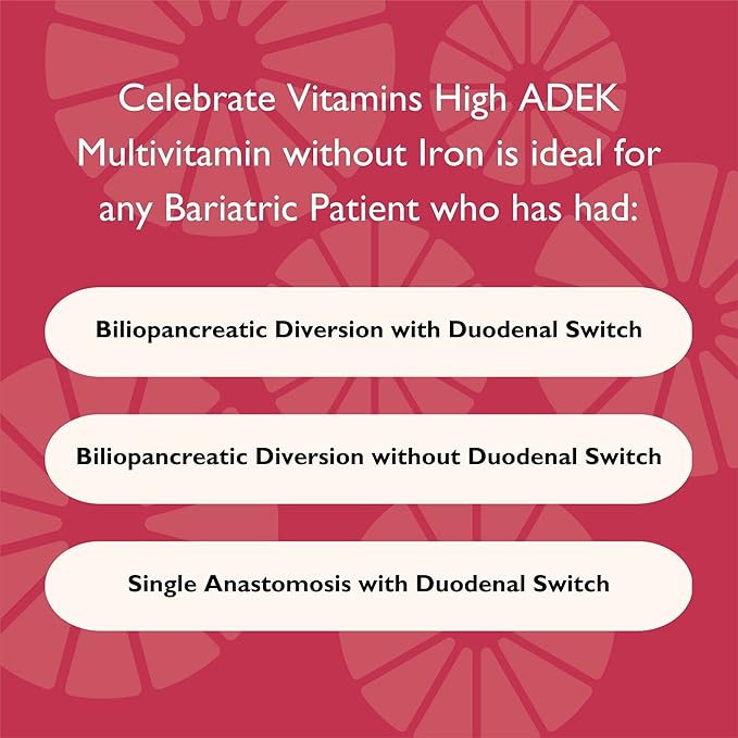 Celebrate Vitamins Multi ADEK Chewables, Iron Free - Daily Bariatric Multivitamin, High Level of Vitamins A, D, E, K & B12 for Duodenal Switch Surgery Patients - Berry Sorbert (60 Tablets)