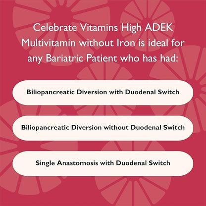 Celebrate Vitamins Multi ADEK Chewables, Iron Free - Daily Bariatric Multivitamin, High Level of Vitamins A, D, E, K & B12 for Duodenal Switch Surgery Patients - Berry Sorbert (60 Tablets)