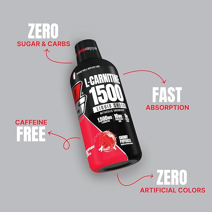 PROSUPPS L-Carnitine Stimulant Free Liquid Shots for Men & Women - Workout Drink for Performance & Muscle Recovery - Clean Energy, No Sugar, No Carbs (31 Servings, 1500 Cherry Popsicle)