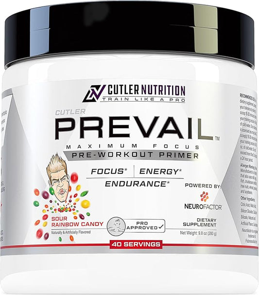 Prevail Pre Workout Powder with Nootropics: Pre-Workout Drink for Men and Women, Cutting Edge Energy and Focus Supplement with L Citrulline, Alpha GPC, L Tyrosine | Sour Rainbow Candy, 40 Scoops