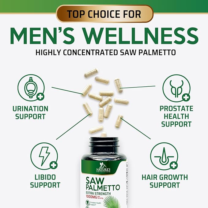 Saw Palmetto Extract Prostate Supplement - 1000 MG Saw Palmetto Supplement, Nature's Prostate Support Supplement for Men Health Support, Men's Prostate Urinary Health Support Supplement - 60 Capsules