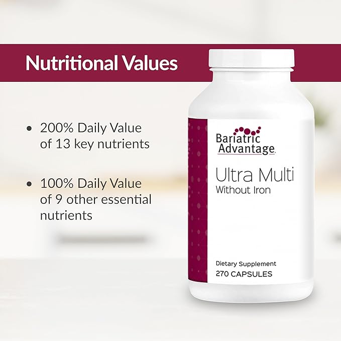 Bariatric Advantage Ultra Multi Without Iron - High Potency Multivitamin - for Bariatric Surgery Patients - Bariatric Multivitamin Capsule - with Calcium, Vitamin C & More - 270 Capsules