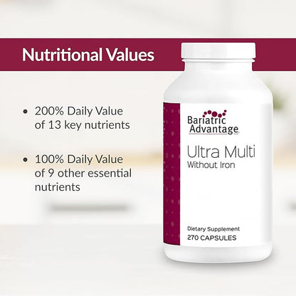 Bariatric Advantage Ultra Multi Without Iron - High Potency Multivitamin - for Bariatric Surgery Patients - Bariatric Multivitamin Capsule - with Calcium, Vitamin C & More - 270 Capsules